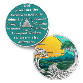 Natural Peaceful Sobriety Coin - Affirmation Recovery Sun AA Coins - Green Tree Road Addiction NA AA Chips and Medallions - Celebrate Living Clean Narcotics Alcoholics Anonymous Gifts for Men Women