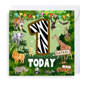 Second Ave Safari Jungle Animal 1st Birthday Age 1 Square Children's Kids Birthday Greeting Card for Boy or Girl