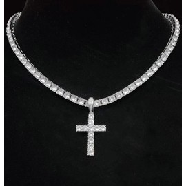 Cross Necklace for Men & Women, 2024 Trendy Iced Out Charm Necklace, Punk Accessories for Gift without Box:_Silver(24inch)