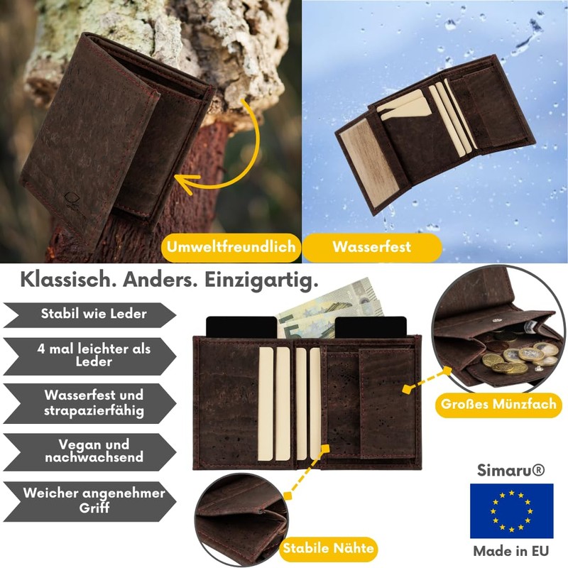 Simaru Cork Wallet, Slim Wallet with Pull Tab for Card