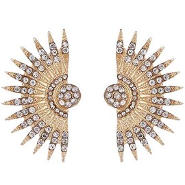 Gold Tone Art Deco Antique Vintage Style Flapper Fan Wings Rhinestone Wedding Bridal Prom Statement Earrings