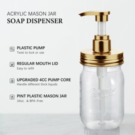 Amolliar Plastic Mason Jar Soap Dispenser with Pump Lid,16OZ Refillable BPA-Free Hand Soap Dispenser Set with Cute Lables - for Kitchen/Bathroom, Liquid Soap, Dish Soap, Lotion (2 Pack, Gold)