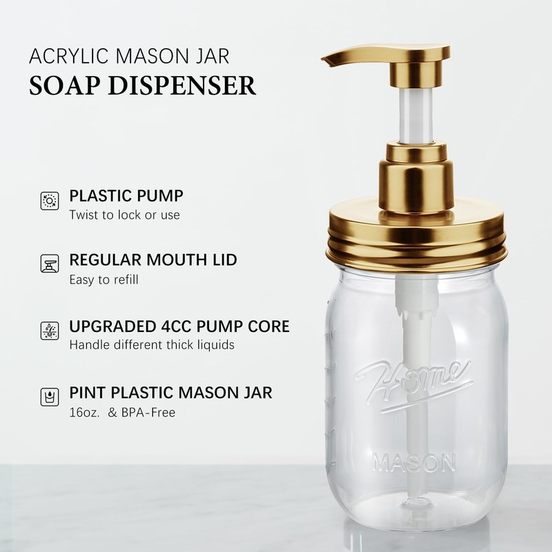 Amolliar Plastic Mason Jar Soap Dispenser with Pump Lid,16OZ Refillable