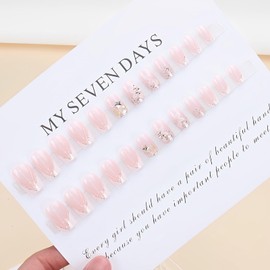 Hebterrka Pack of 24 French Tips Press On Nails, Short Square False Nails, Nude Pink Full Coverage Nail Glue with Glitter Sequins Design, White Nail Tips