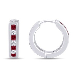 Huggie Earrings for Women, 14K White Gold Over Sterling Silver Hoop Earrings with Simulated Ruby and White Cubic Zirconia, Dainty Elegant Jewelry Gift
