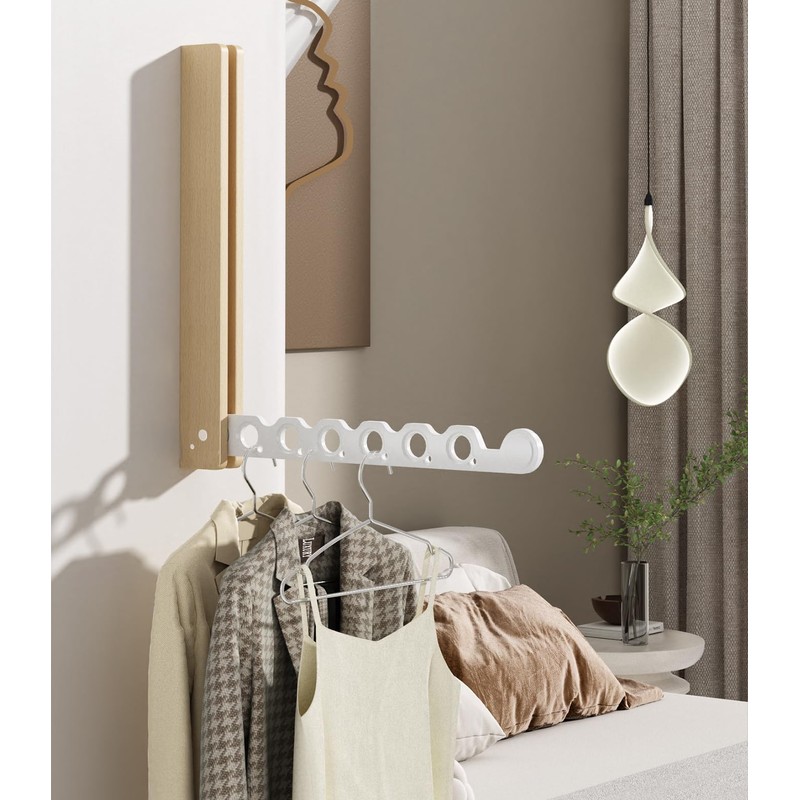 Natural Wood Folding Clothes Hanger Rack for Laundry Room, Wall