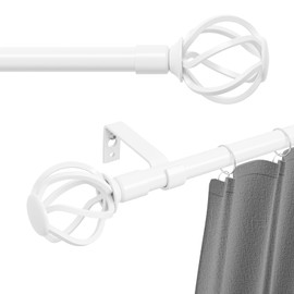 White Curtain Rods for Windows 48 to 88 inch with Cage Finials, 5/8" Diameter Decorative Curtain Rod Set with Brackets, Splicing Adjustable Curtain Rods for Bedroom, Living Room