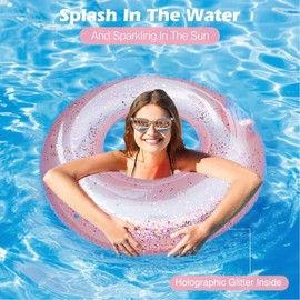 Inflatable Swim Ring with Glitter Pool Float Rubber Rings Transparent Sequins Swimming Pool Ring Tube Summer Beach Party Water Fun Toys for Adults Kids