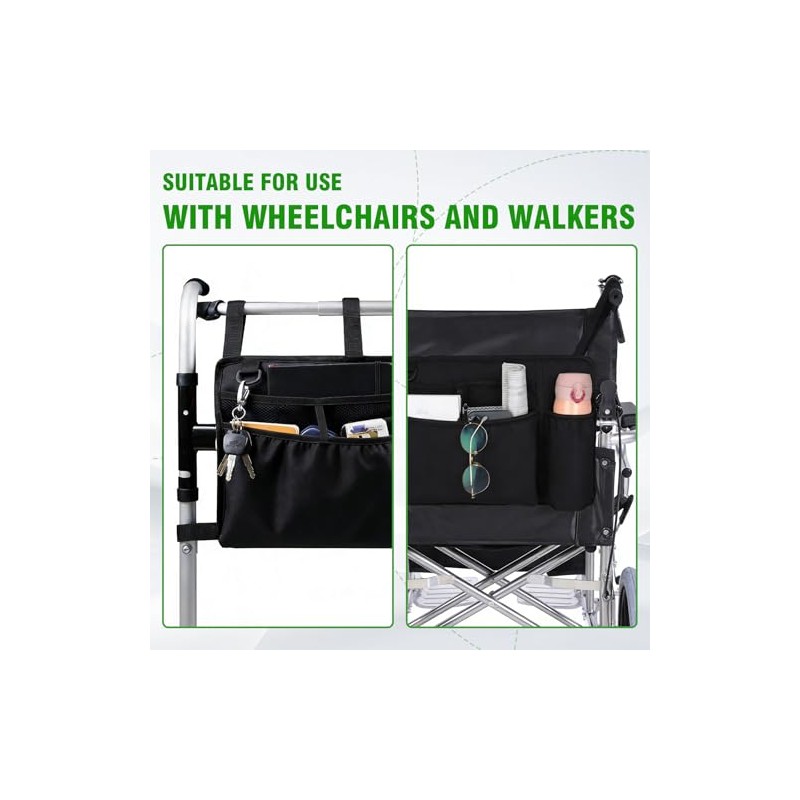 Wheelchair Side Bag with Cup Holder and Reflective Strip, Large