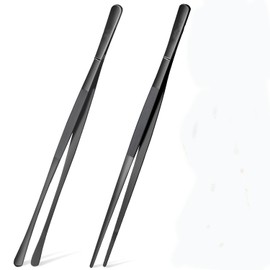 Jieddey Cooking Tweezers Tongs Set,2 Pcs Kitchen Fine Tweezer Tongs 30cm Stainless Steel Professional Chef Tweezer Kitchen Tools for Cooking,Repairing,Sea Food BBQ and Serving Black