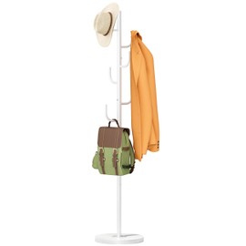 MISSLO Heavy Duty Coat Rack Freestanding 4 Adjustable Size Coat Tree with Stable Wood Base Coat Hanger Stand with 6 Hooks Standing Clothes Tree for Bedroom, White