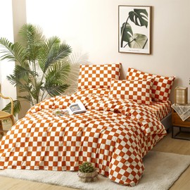 honey qiao Orange and White Checkered Comforter Set King Comforter Set 3-Piece Bedding Set Lightweight All-Season Comforter with 2 Pillowcases Ultra Soft Microfiber Comforter