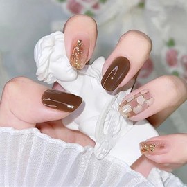 Brown Press on Nails Short Medium Square Fake Nails with Glitter Keyboard Design, Press ons Artificial Acrylic Full Cover False Stick on Nail for Women Daily Wear Wedding Manicure 24Pcs