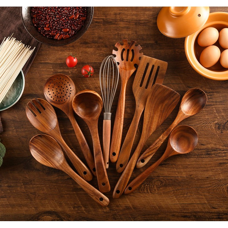 NAYAHOSE Wooden Kitchen Utensils Set with Holder, NAYAHOSE 11 Pcs