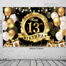 Happy 13th Birthday Decoration Backdrop Banner Black Gold Extra Large Fabric Birthday Sign Poster Photography Background 13 Year Birthday Party Decorations Supplies Indoor Outdoor, 72.8 x 43.3 Inch