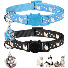 2Pcs Breakaway Cats Collars Cat Collars for Boy Cats Adjustable Kitten Collars with Bell,Black+Light Blue