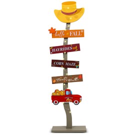 LETUBUYU Lighted Hello Fall Wood Porch Sign Thanksgiving Welcome Door Decorations Autumn Maple Pumpkin Truck Sweater Weather Standing Wooden Signs with Base for Indoor Outdoor Porch Yard Decor