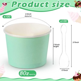 Cunhill 100 Pieces 8 oz Ice Cream Cups with 100 Pieces Spoons Ice Cream Containers Solid Color Disposable Sundae Cups Yogurt Dessert Bowls Party Supplies for Baby Shower Birthday Party (Light Green)