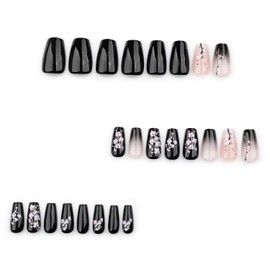 Black Press on Nails Medium Length Fake Nails Full Cover Gradient Stick on Nails with designs Flower False Nails Golssy Acrylic Nails Coffin Shape Press ones Glue on Nails for Women Manicure24pcs