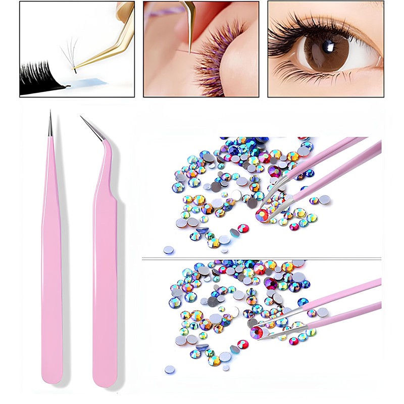ZXfad 2pcs Eyelash Extension Tweezers, Straight and Curved Tips, Stainless