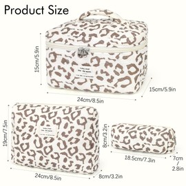YMIFEEY Pack of 3 Cosmetic Bag Toiletry Bag Women's Toiletry Bag Make Up Bag Large Small Set Makeup Bag Wash Bag Travel Cosmetic Bag Beauty Case Organiser for Women, leopard, floral pattern