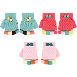 Jupsk 3 Pairs Kids Gloves Winter Knit Colorful Fingerless Gloves Convertible Magic Gloves Stretch Warm Mittens for Boys Girls, Unisex, 5-12 Years Old