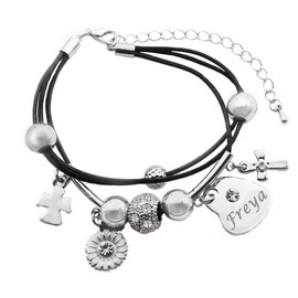 Kigu Freya Name Bracelet - Genuine Leather Multi Strand Bracelet & 18K White Gold Plated Engraved Heart Charm, Leather