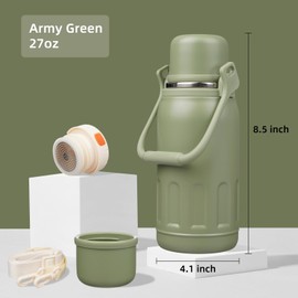 Insulated Water Bottle with Handle and Strap,Vacuum Travel Tumbler with Cup Lid,Thermo Coffee Cup for Hot Cold Drinks 27 OZ,Army Green