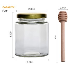 Woaiwo-q 6 oz Hexagon Glass Honey Jars, Glass Jars with Gold Lids,Bronze Bee Pendants,Wooden Honey Sticks,Small Tags,1.5m Jute Twine -Clear Hexagon Jars for Honey,Jams, Liquid.(25 Pcs)……
