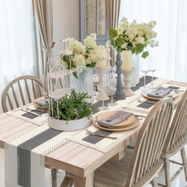 BIPASION Boho Placemats Set of 4 with Table Runner - Natural Cotton Burlap Table Mats and Rustic Table Runners Set, Macrame Décor and Farmhouse Style for Dining Table, Grey & Beige