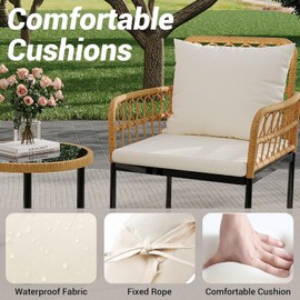 MilleLoom 3 Piece Patio Bistro Set, Outdoor Wicker Table and Chairs Set of 2, All-Weather Rattan Balcony Furniture Set with Cushions for Patio Front Porch Backyard, Poolside Deck, Apartment