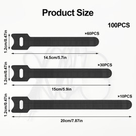 Pack of 100 Cable Ties Resealable Cable Ties Velcro Black Velcro Cable Ties in 3 Different Lengths 200 mm/150 m/145 mm, Velcro Cable Ties for Home, Office, Garden and Cable Management