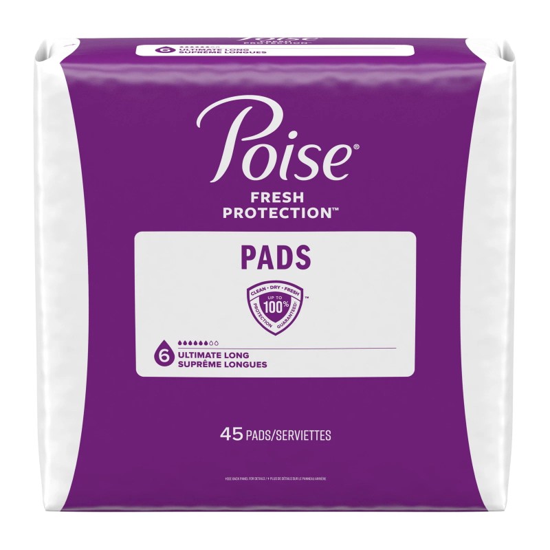 Poise Incontinence Pads for Women, 6 Drop Ultimate Absorbency, Long
