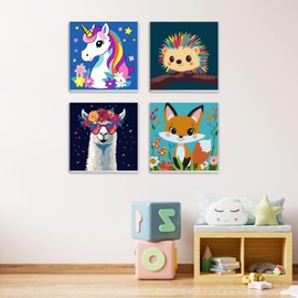 MXJSUA 4 Pack Unicorn Animals Paint by Numbers Kit with Framed Canvas for Ages 6-12 Kids, Camel Fox Paint by Numbers Kits for Beginners, Hedgehog Acrylic Oil Painting for Home Decor Gift (20x20 cm)