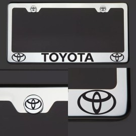 KA Chrome T304 SS License Plate Frame Tag Toyota Black Letter Laser Etched Engraved