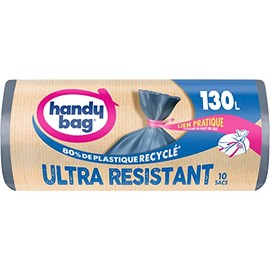 Handy bag Bin Liners, 130 L, Extremely Durable, 80% Recycled Plastic, Practical Cord Closure, 3-Ply, Leak-Proof, 80 x 120 cm