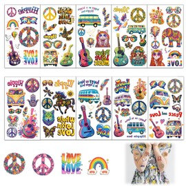 Hippie Tattoos Temporary - Pack of 10 Colourful Flower Power Stickers with Peace Signs & Flower Motifs - Body Art for Festivals, Parties & Costumes - Skin-friendly Temporary Tattoos