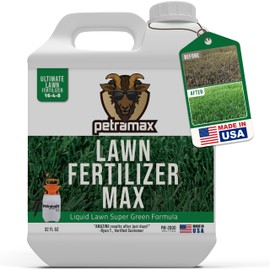 PetraMax Liquid Lawn Fertilizer for Lawns Concentrate - Liquid Fertilizer for Lawns, Food for Grass - 16-4-8 High Nitrogen Lush Green Grass, Phosphorus for Strong Roots - Apply Spring & Summer (32 oz)