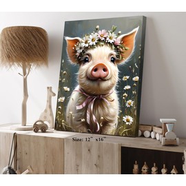 ZOIYINO Farm Animals Canvas Wall Art,Rustic Farmhouse Pig Wall Art,Pig Pictures Wall Decor,Funny Farm Animals Wildflower Bathroom Decor for Living Room Bedroom Kitchen(12"x16"Framed)