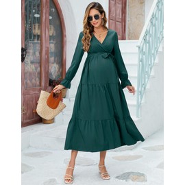 FUNJULY Maternity Dress Women's Summer V-Neck Maternity Maxi Dress with Belt Baby Shower Dress Maternity Photography Dress longgreen M