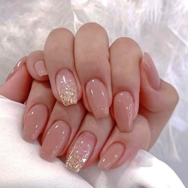 Pink Press on Nails Medium Square Fake Nails with Design Gold Glitter Sequins Glossy Glue on Nails Nude Acrylic Full Cover Coffin False Nails Cute Artificial Nails for Women Girls Manicure Kit 24Pcs