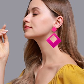 TIANHONGYAN Lightweight Unique 80s Retro Acrylic Dangle Earrings Geometric square Neon Drop Dangle Earrings for Women Party Costume Accessory (fluorescent powder)