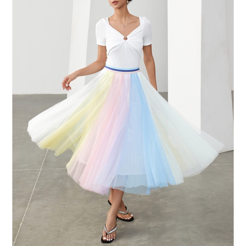 Women Pleated Long Tulle Skirt High Elastic Waist Swing Casual