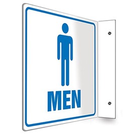 Accuform PSP734 Projection Sign 90D, "Men", 8" x 8" Panel, 0.10" Thick High-Impact Plastic, Pre-Drilled Mounting Holes, Blue on White