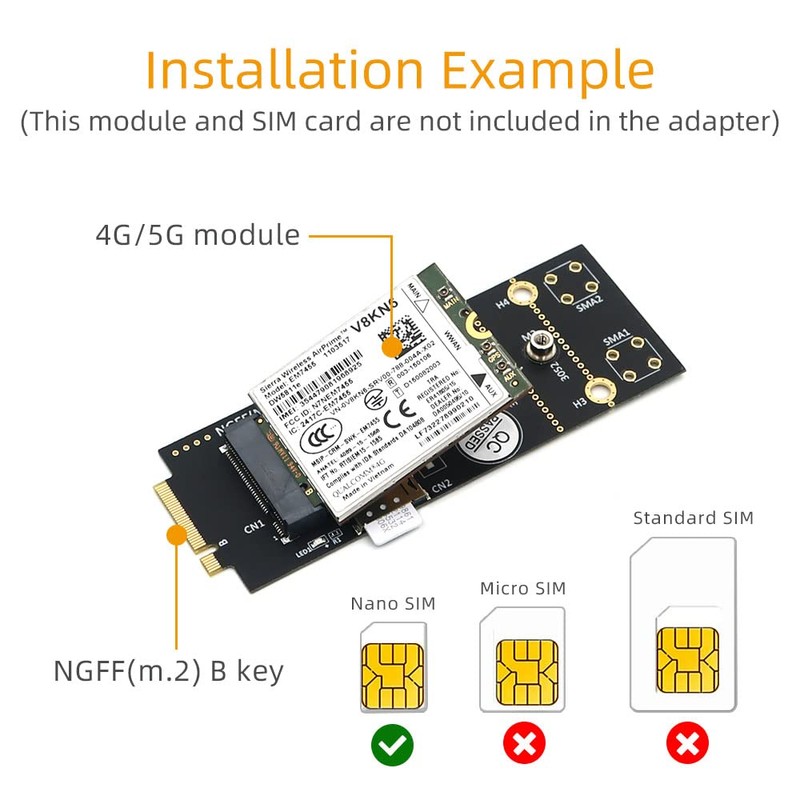 M.2(NGFF) Key B Adapter with SIM Card for 3G/4G/5G Module