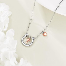 POPLYKE Horseshoe Necklace Gifts for Women 925 Sterling Silver Rose Gold Faith Horseshoe Pendant Necklace Jewelry for Horse Lover Birthday Christmas