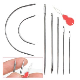 Pikdmin 7+1 Pcs Heavy Duty Hand Sewing Needles Kit, 5 Leather Hand Sewing Needle 2 Curved Needle and 1 pcs Needle threaders for Home Upholstery,Leather Needles for Hand Sewing,Carpet Canvas Repair