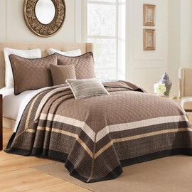 FineStichery Oversized Quilt Bedspread 128"x120" - 100% Cotton Farmhouse California King Bedspreads Coverlet Set with Pillow Shams, Lightweight Quilted Bed Cover, 3 Piece, Brown/Beige