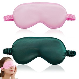 2 Pcs Smooth Soft Sleep Eye Mask for Sleeping, Soft Blindfold Eye Cover Shade Night Mask with Adjustable Strap, Satin Blackout Eye Sleep Mask, for Night,Travel,Nap,Meditation(Dark Green + Pink)