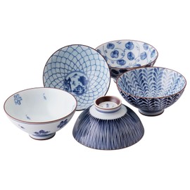 Mino Ware Japanese Pottery Set - Traditional Rice Bowls - Blue and White Asian Bowls - Hand Painted - Premium Ceramic - 5 Piece Soup Bowl Set